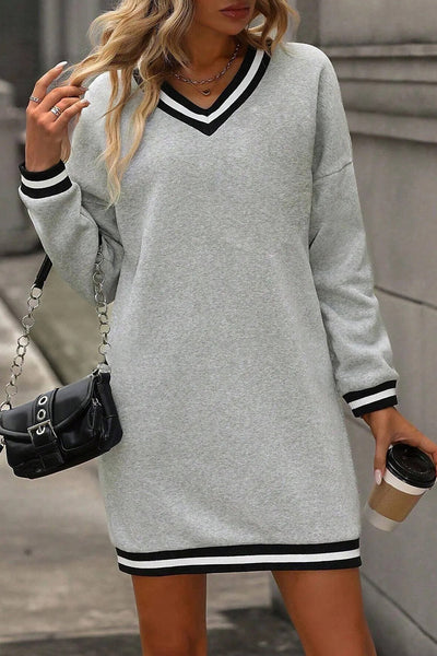 Women's Light Grey Striped V-Neck Long Sleeve Preppy T-Shirt Dress - Casual Fit for Effortless Style