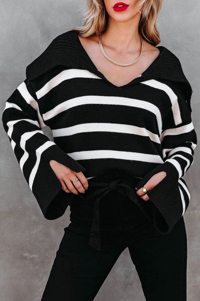 Women's Striped V-Neck Viscose Blend Slit Sleeve Sweater