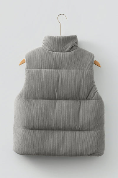Women's Sage Gray Corduroy Puffer Vest with Stand Collar