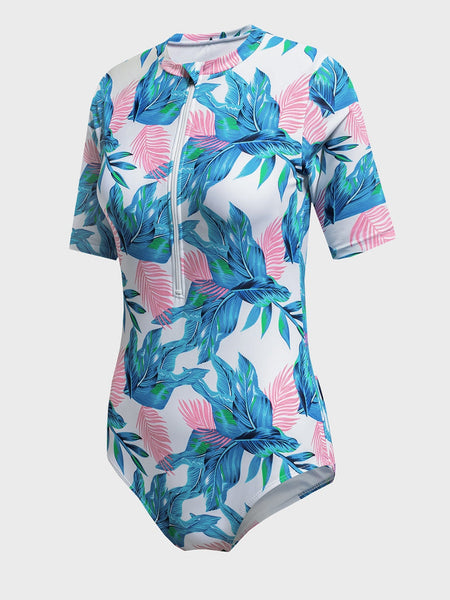 Women's Floral Print Zip Front Half Sleeve Beach One Piece Swimsuit