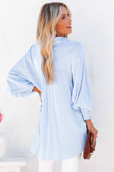 Women's Sky Blue Smocked Cuff Striped Boyfriend Shirt