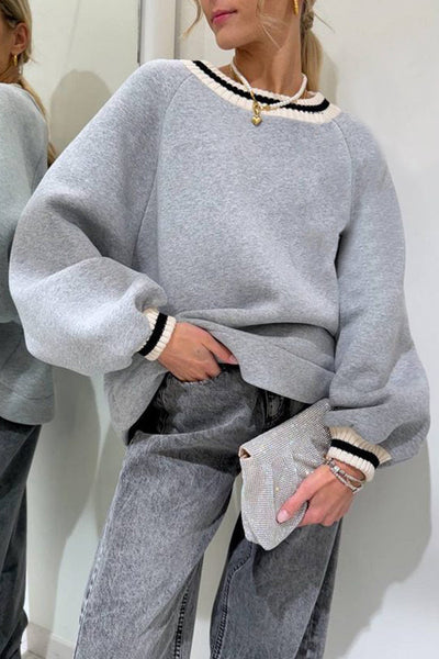 Trendy Women's Light Grey Oversized Sweatshirt with Puff Sleeves & Contrast Webbing - Perfect for Casual Outings