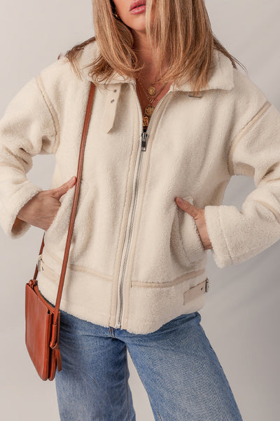 Cozy Women's Beige Fleece Zip-Up Jacket with Stylish Buckle Collar - Perfect for Casual Chic Outfits