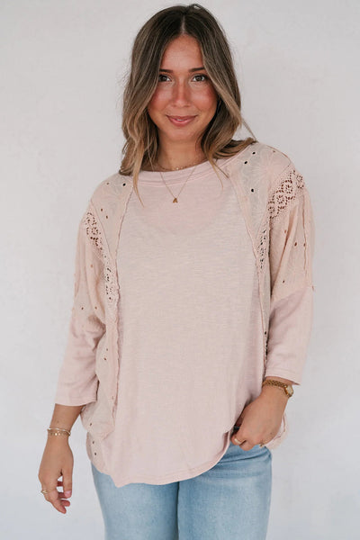 Apricot Pink Floral Lace T-Shirt for Women with Eyelet Patchwork and Bracelet Sleeves Stylish and Comfortable Top