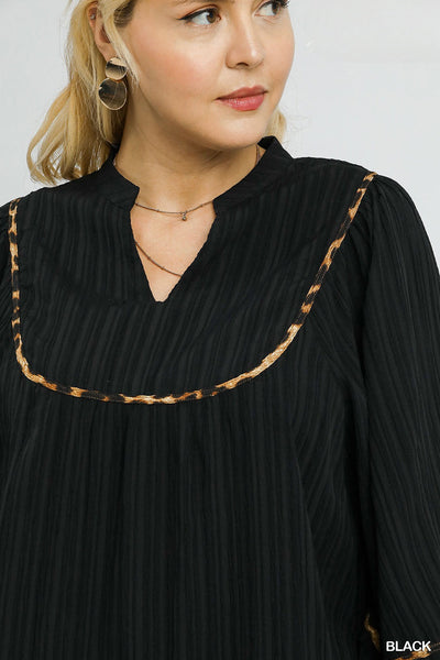Chic Plus Size Women's Black Blouse with Leopard Trim, Split Neck, Long Puff Sleeves, and Pleated Detail