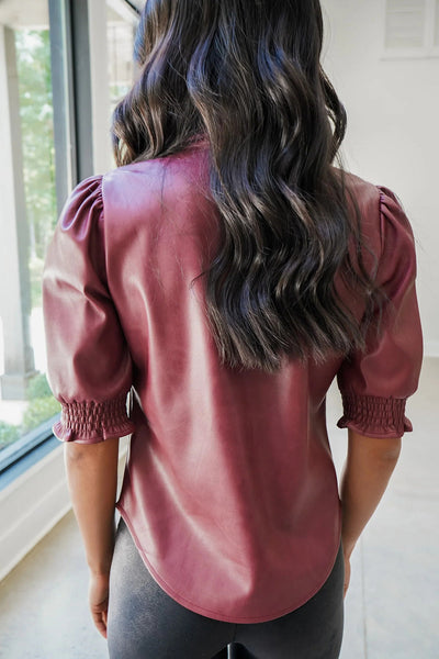 Chic Women's Red Faux Suede Button-Down Shirt with Frills - Stylish Short Sleeve Top for Effortless Elegance