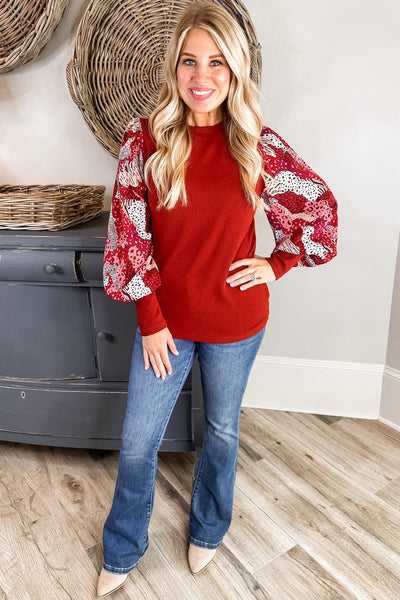 Women's Fiery Red Lantern Sleeve Top with Mixed Animal Print Trendy Patchwork Design for Stylish Casual Outfits