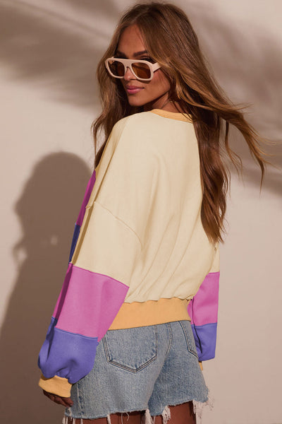 Trendy Women's Color Block Cropped Sweatshirt with Drop Shoulders in Chic Patchwork Design for Casual Comfort