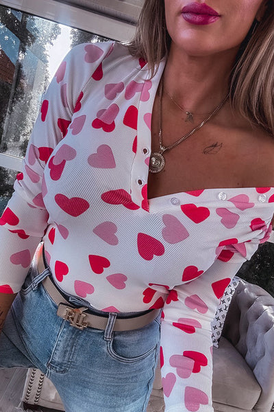 women's fitted pink heart print long sleeve top with buttoned neckline - perfect for valentine's day celebrations with practical styling and