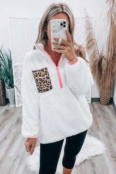 Snow Leopard Half-Zip Fleece Sweatshirt with Patch Pocket