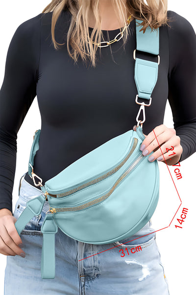 Women's Light Blue PU Leather Crescent Crossbody with Gold Zippers