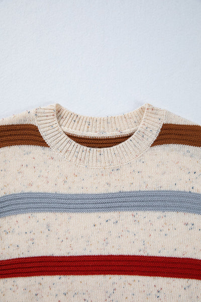 Women's Beige Multi-Stripe Knit Sweater with Wool Blend
