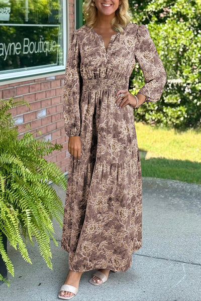 Women's Vintage Floral Smocked Maxi Dress in Cocoa and Cream with practical styling and dependable silhouette control.