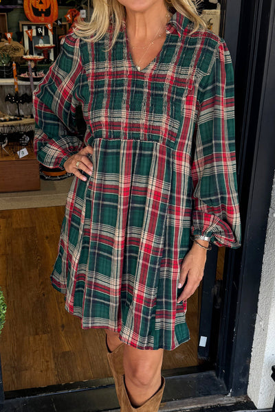 Chic Women's Green Retro Plaid Long Sleeve Mini Dress with Notched Neck and Stylish Collar for Effortless Style