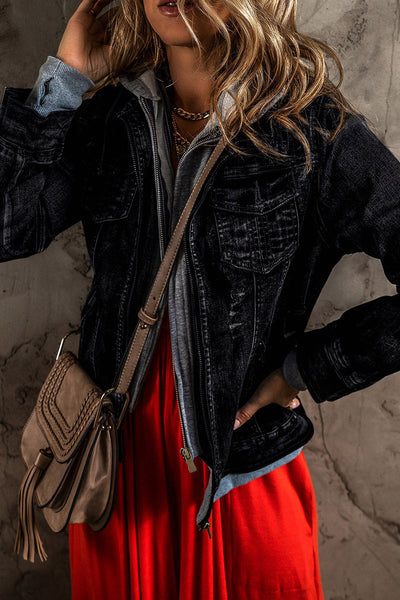 Stylish Women's Black Faux Two-Piece Hooded Denim Jacket - Versatile Zip-Up Outerwear for Casual Chic Outfits