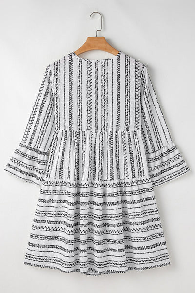 Elegant Women's Black Stripe V-Neck Mini Dress with Flattering Bell Sleeves and High Waist for Effortless Style