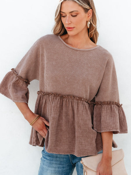 Ruffled Sleeve Colorblock Peplum Blouse