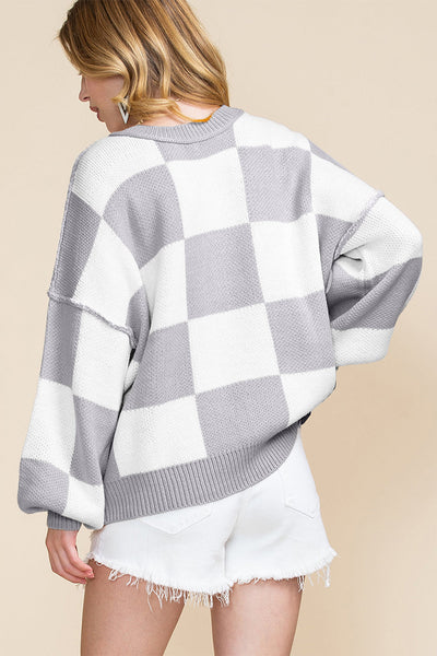Chic Women's Gray Checkered Bishop Sleeve Sweater - Cozy Knit Top with Trendy Puff Sleeves for Stylish Fall Looks