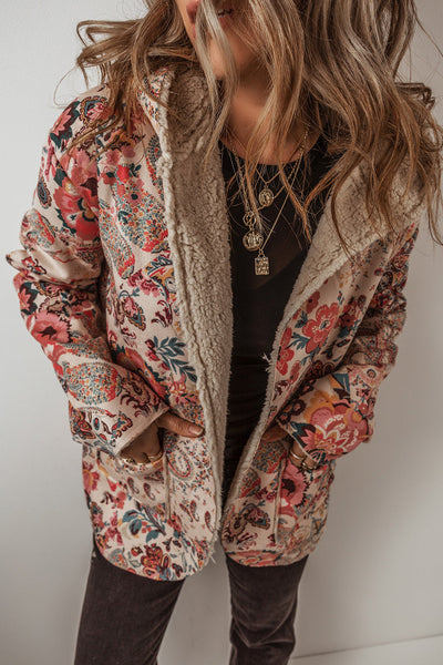 Women's Cozy Beige Vintage Paisley Floral Hooded Jacket with Sherpa Lining for Chic Winter Warmth