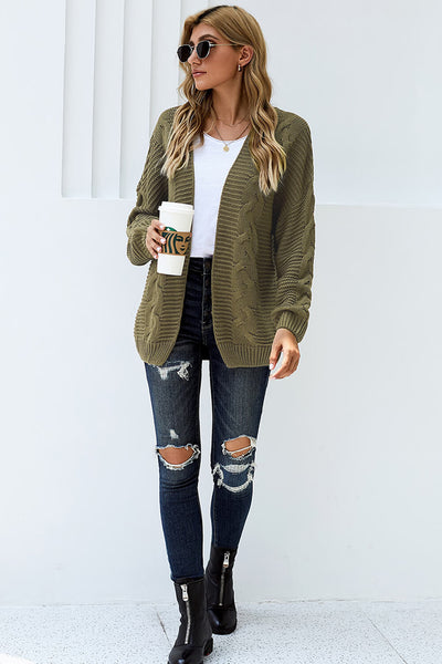Cozy Olive Green Chunky Knit Cardigan for Women - Long Sleeve Open Front Sweater, Ideal for Stylish Layering
