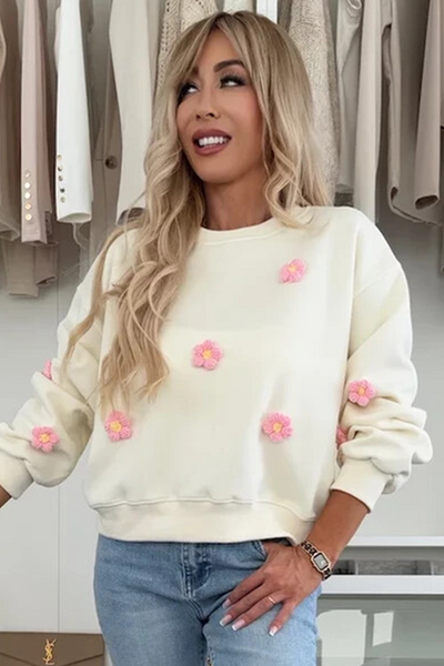 Cozy Beige Floral Crochet Sweatshirt for Women - Casual Chic Drop Shoulder Style, Perfect for Everyday Comfort