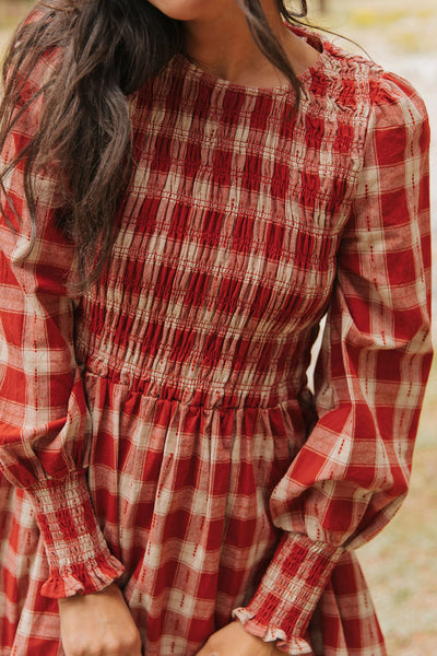 Trendy Women's Red Plaid Long Sleeve Mini Dress with Smocked Waist and Flared Skirt for Effortless Casual Style