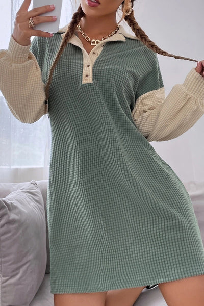 Trendy Women's Long Sleeve Green Bay Color Block Mini Dress with Lattice Texture and Button Collar for Chic Style