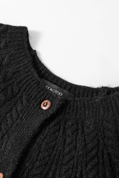 Women's Black Textured Cable Knit Cardigan with Wooden Buttons