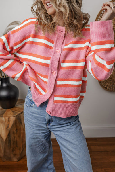 Women's Striped Pink Viscose Blend Drop Shoulder Cardigan