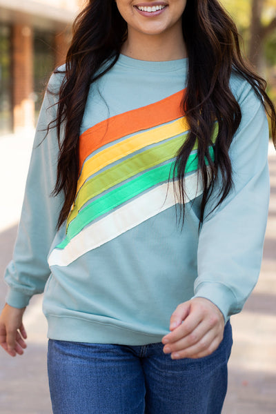 Cozy Women's Beau Blue Rainbow Colorblock Striped Pullover Sweatshirt for Casual Chic Style and Comfort