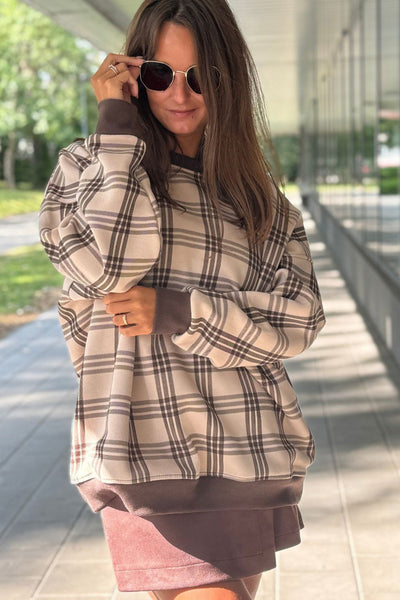 Women's Cozy Plaid Pullover Sweatshirt in Parchment - Relaxed Fit for Effortless Everyday Style