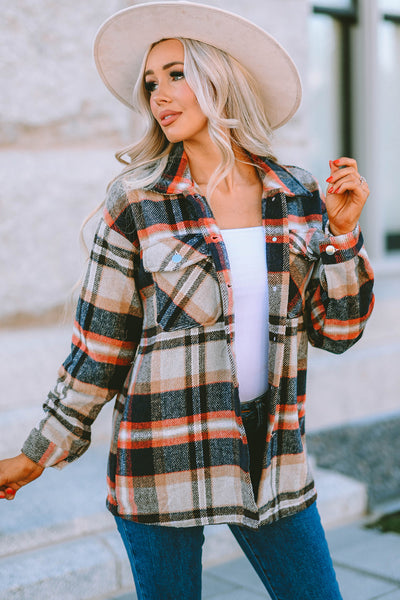 Women's Stylish Khaki Geometric Plaid Shacket with Pockets - Perfect Layering Piece for Fall & Winter Fashion