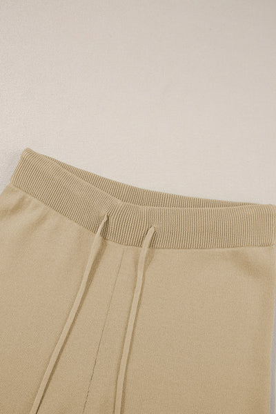 Women's Camel Knit Half-Sleeve Top and Wide-Leg Drawstring Pant Set