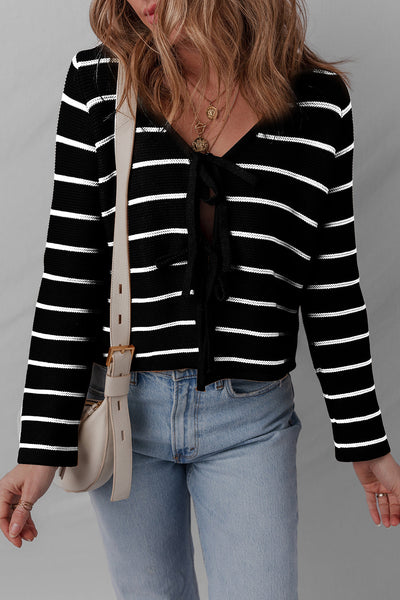 Cozy Women's Black Striped V-Neck Cardigan Sweater with Tie Front - Effortless Layering for Chic Fall Style