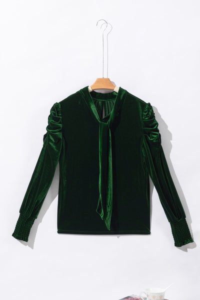 Elegant Women's Blackish Green Velvet Blouse with Mock Neck, Puff Sleeves - Stylish & Comfortable Fashion Top