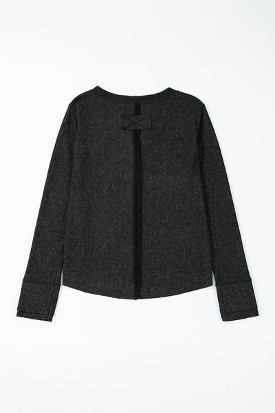Chic Women's Black Acid Wash Waffle Knit Long Sleeve Top with Buttoned Neckline for Effortless Casual Style