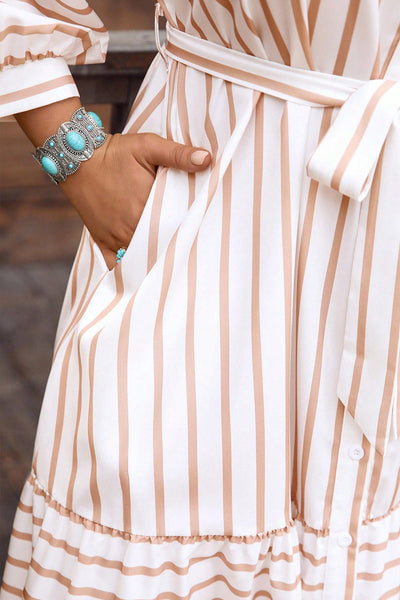 Plus Size Pink Striped Puff Sleeve Maxi Dress with Belt - Women's Elegant Long Dress for Effortless Style and Comfort