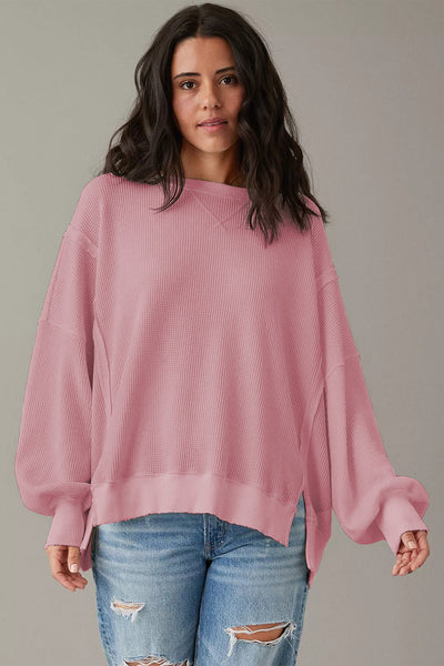 Chic Women's Pink Oversized Waffle Knit Top with Bishop Sleeves & Side Split for Effortless Casual Style