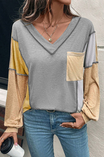 Trendy Women's Colorblock V-Neck Long Sleeve Top with High Exposed Stitching Stylish and Vibrant for Any Occasion