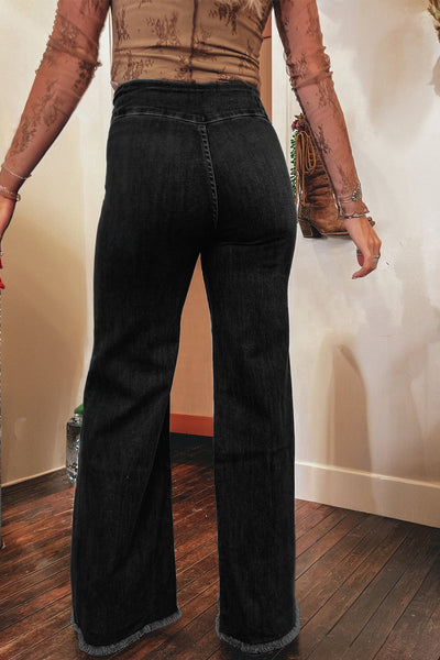 Trendy Women's Black High-Waisted Flare Jeans with Button Fly & Raw Hem - Stylish Everyday Fit for Effortless Chic