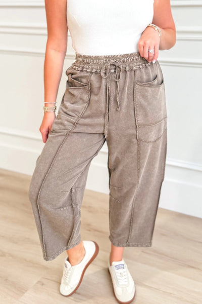 Women's Comfortable Dark Brown Loose Pants with Exposed Seams & Drawstring Waist - Stylish Mineral Wash Design