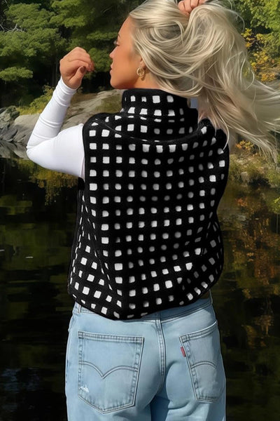 Cozy Women's Black Checkered Plush Winter Vest with Zip-Up Closure for Stylish Layering and Warmth