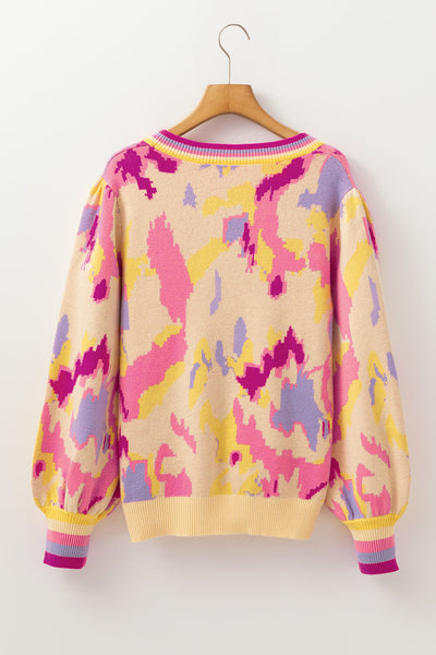 Cozy Women's Khaki Colorblock Balloon Sleeve Sweater with Abstract Print - Trendy Knit Top for Stylish Fall Outfits