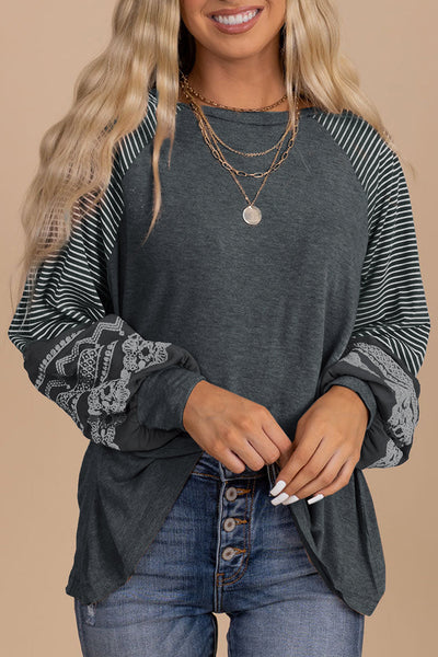 Women's Medium Grey Striped Raglan Long Sleeve Top with Contrast Print - Casual Loose Fit for Everyday Style
