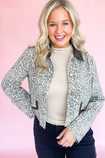 Women's Black Leopard Print Jacket with Button Flap, Contrast PU Leather Collar, Stylish Patchwork Design made for easy styling and wardrobe