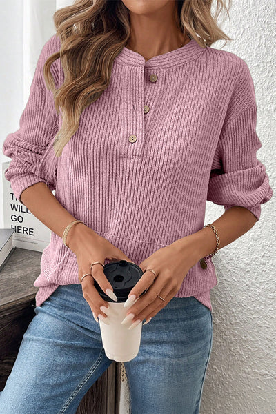 Cozy Women's Pink Ribbed Henley Top with Drop Shoulder Design for Effortless Style and Comfort
