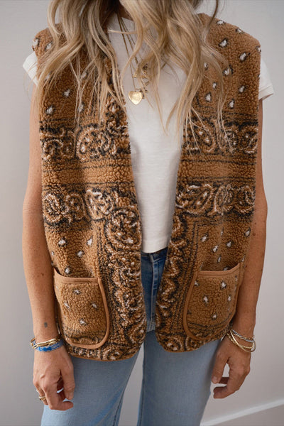 Cozy Women's Brown Sherpa Western Vest Jacket with Paisley Print and Pockets - Perfect Layer for Fall Style made for easy styling and wardrobe
