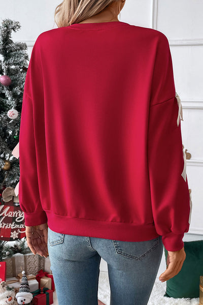 Chic Women's Fiery Red Crewneck Sweatshirt with Bow Detail and Dropped Sleeves for Effortless Casual Style