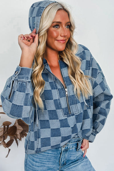 Women's Checkerboard Denim Pullover Hoodie with Quarter-Zip