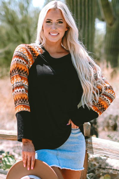 Women's Orange Geo Print Long Sleeve Raglan Tee with Patchwork Design Casual and Comfortable Fit